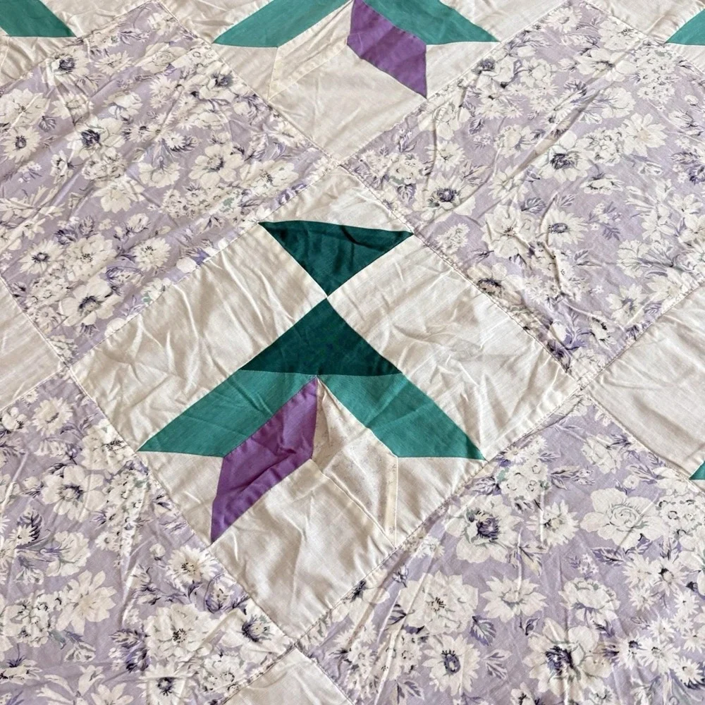 Vtg Patchwork Quilt Flying Geese Full Queen 83x82 Purple Teal Floral Handmade